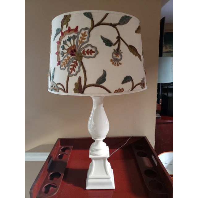 Vintage White Porcelain Lamp With Crewel Work Shade For Sale - Image 11 of 11
