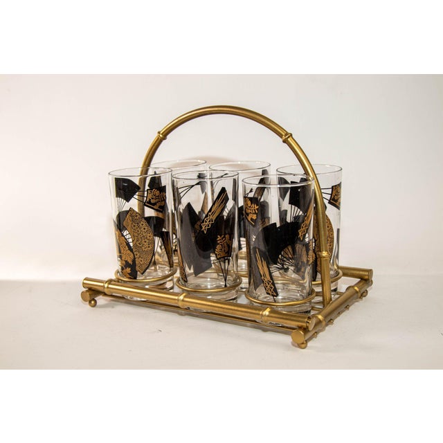Hollywood Regency Set of Six Jules Jurgensen Black & Gold Highball Glasses in Faux Bamboo Carrier For Sale - Image 3 of 18