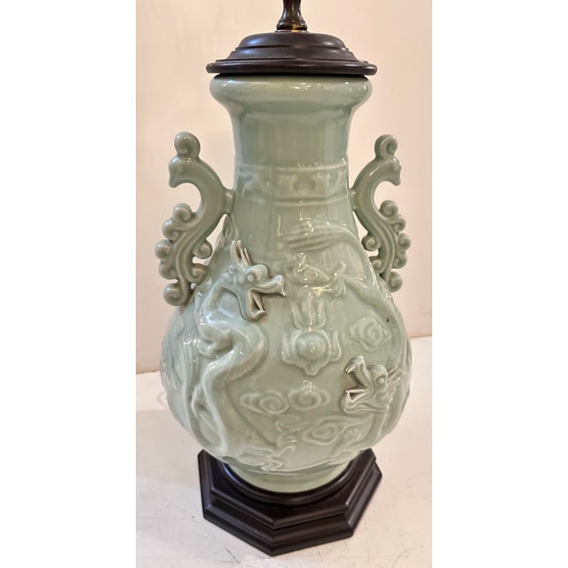 Vintage Celadon Table Lamp With Dragon and Bird Motifs For Sale In Miami - Image 6 of 11
