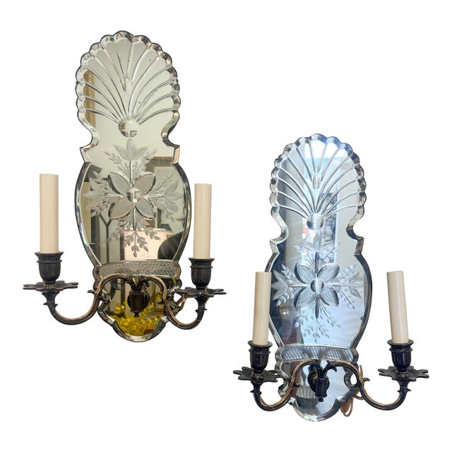 Late 20th Century Venetian Shell Form Mirrored Double Arm Sconces For Sale