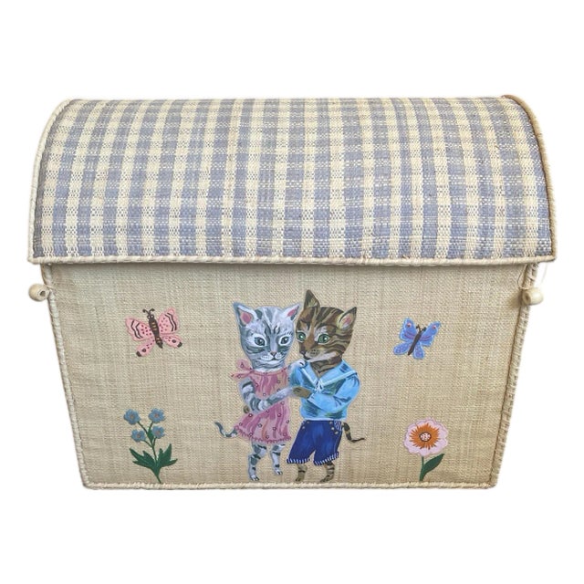 Whimsical Hand-Painted Woven Straw Toy Trunk For Sale