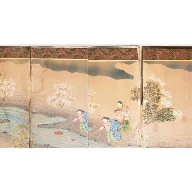 Wood For Restoration: XL Edo Japanese 6-Panel Byobu Screen "Life of Samurai" by Mitsutaka Tosamori For Sale - Image 7 of 13