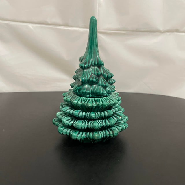 Art Deco Vintage Ceramic Christmas Tree Stacking Ashtrays With Lighter 7” For Sale - Image 3 of 12