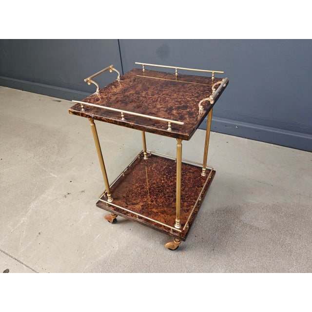 Brown Italian Lacquered Goatskin / Parchment Serving Bar Cart by Aldo Tura, 1960s For Sale - Image 8 of 15