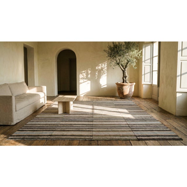 Brown 1900s Multicolor Stripe Antique American Rag Rug 10'8" X 12'0" Flatweave Wool Carpet For Sale - Image 8 of 8