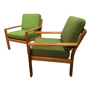 Mid-Century Lounge Chairs in Light Oak and Green Fabric Upholstery attributed to Juul Kristensen, Denmark, 1960s, Set of 2 For Sale