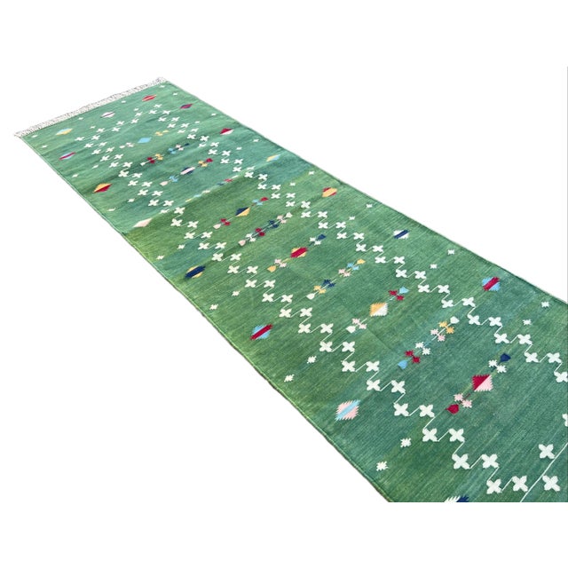 Textile Handmade Cotton Dhurrie Vegetable Dyed Forest Green Shooting Star Runner- 3'x14' For Sale - Image 7 of 11