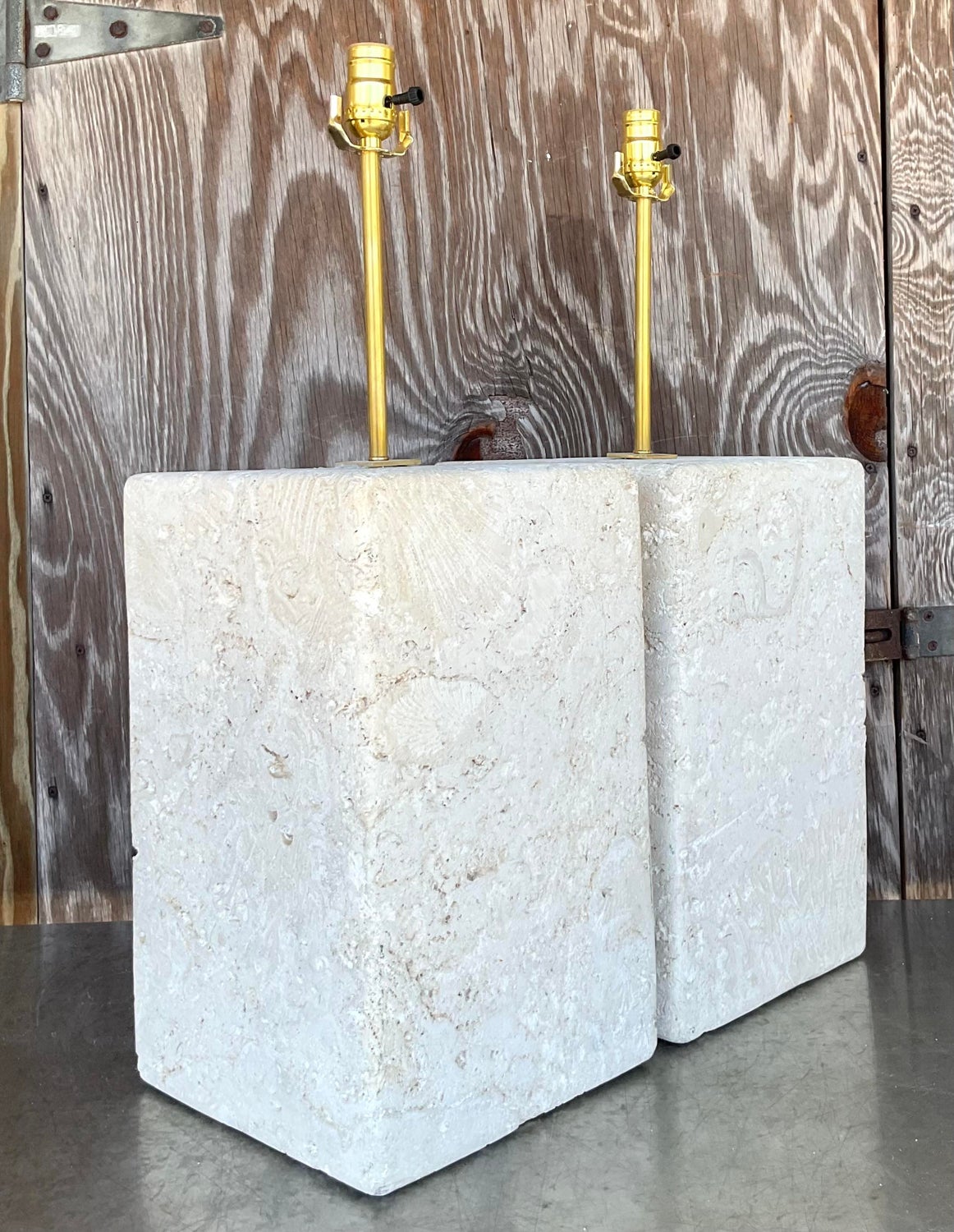 Vintage Coastal Large Coquina Stone Block Lamps - a Pair - Close-up view