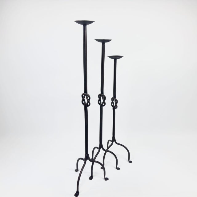 Hand Forged Iron Candelabra Set of 3 (82-102cm) Antique Copper Double Stem with Hercules Knot and Arched Base For Sale - Image 11 of 11