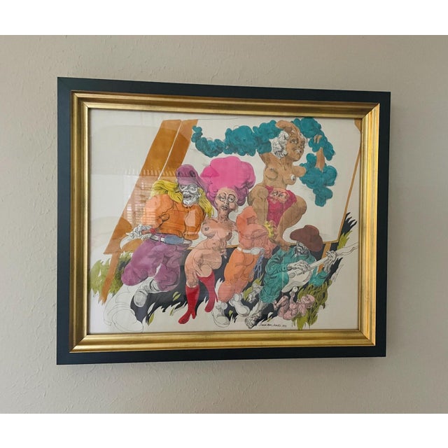 A vibrant, one-of-a-kind original mixed media drawing by California artist David Mac Innes, hand-signed and dated 1971....