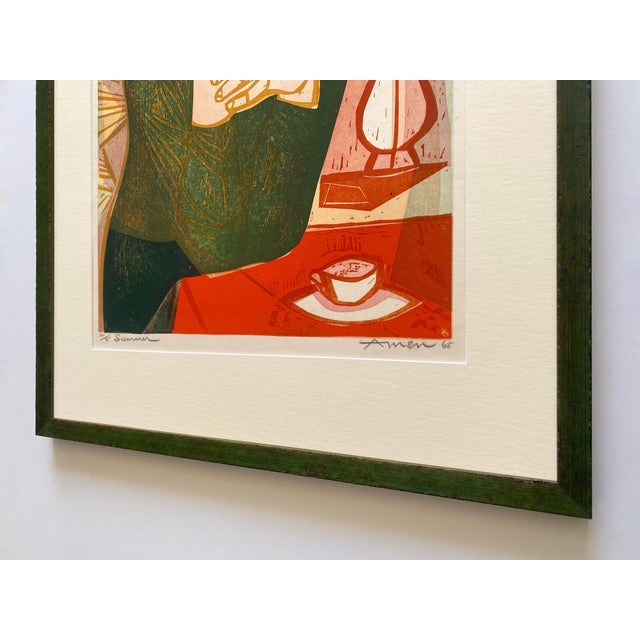Irving Amen Vintage 1965 Mid Century Modern " Summer " Limited Edition Framed Hand Signed Original Fine Art Woodcut Print For Sale - Image 17 of 18
