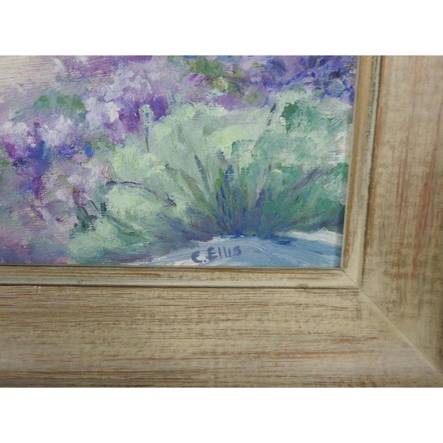 Mid 20th century oil on canvas board impressionist painting of a purple flowering desert landscape. Signed C. Ellis lower...