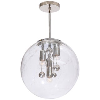 Vintage Large Murano Glass Polished Metal Globe Pendant Light For Sale
