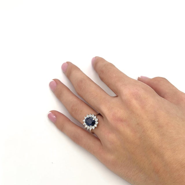 14k White Gold "Princess Diana" Diamond Halo Ring With Blue Sapphire - Size 5 For Sale - Image 4 of 6