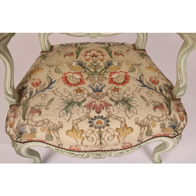 Green Pair of Antique Painted Louis XV Style Armchairs For Sale - Image 8 of 14