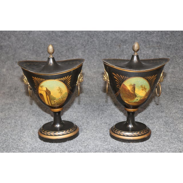 1910s Pair English Style Tole Painted Metal Small Brass Mounted Urns For Sale - Image 5 of 13
