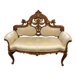 Vintage Hand Carved Beechwood Italian Settee With Neoclassical Upholstery