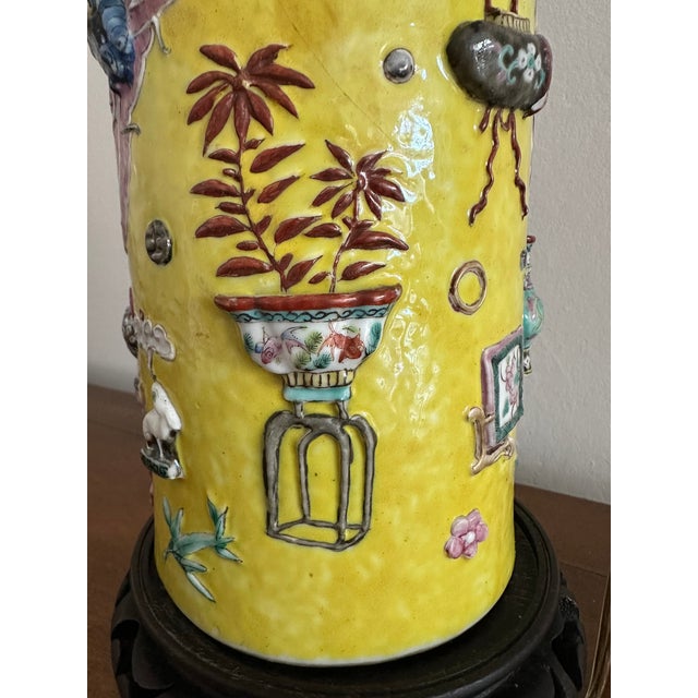 Ceramic Antique Chinese Famille Rose Yellow Lamp Relief Decorated Vase For Sale - Image 7 of 18