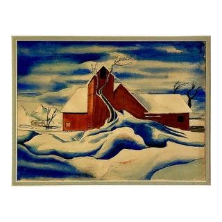 A Country Winter Watercolor Scene, by Claude Clark For Sale