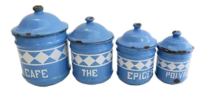 Early 20th Century French Enamel Kitchen Canisters - Set of 4
