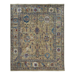 8'4" X 10' Serapi Heriz Design Carpet, Camel and Blue For Sale