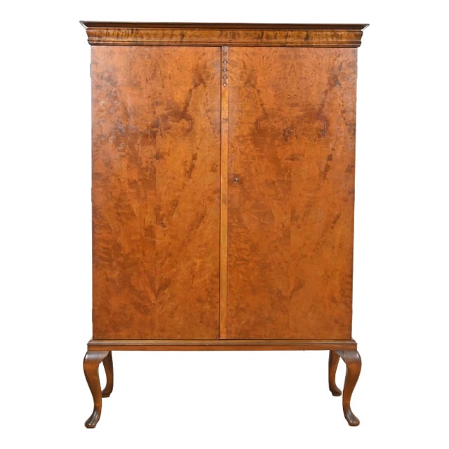Romweber Style Queen Anne Burl Wood Bookcase or Bar Cabinet, Circa 1930s For Sale