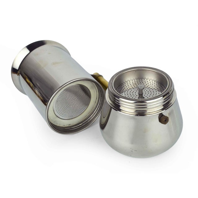 Mid 20th Century Italian Stainless Steel and Gold Espresso Demitasse Cups & Saucers With Moka Pot Serving Set by Inox- 15 Pieces For Sale - Image 6 of 11