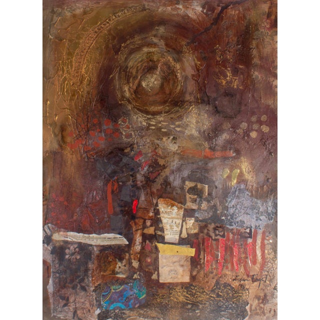 A mixed media painting by Israeli artist Nissan Engel (1931-2016). Metallic paint, paper, and fabric are layered to create...