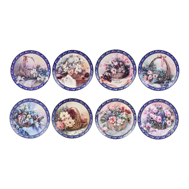1990's Decorative Lena Liu's Basket Bouquets Flower Plates With Display Easel - Set of 8 For Sale
