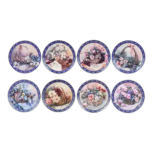 1990's Decorative Lena Liu's Basket Bouquets Flower Plates With Display Easel - Set of 8