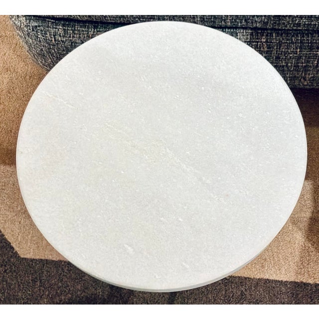 Stylish Global Views Modern Silhouette Accent Table, antique gold base, honed white marble top, showroom floor sample