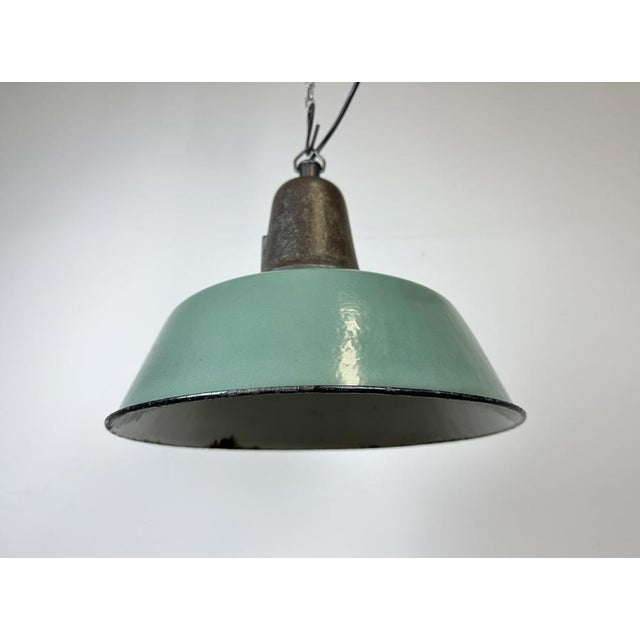 Green Industrial Green Enamel Factory Lamp with Cast Iron Top, 1960s For Sale - Image 8 of 17
