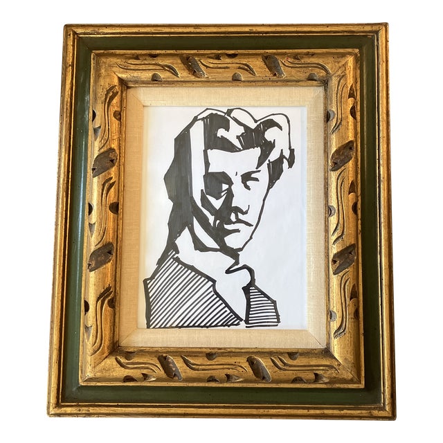 1970’s Original Abstract Male Portrait Marker Drawing Chunky Carved Vintage Frame For Sale
