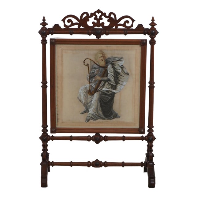 American Victorian Beaded Needlepoint Rotating Fireplace Screen For Sale