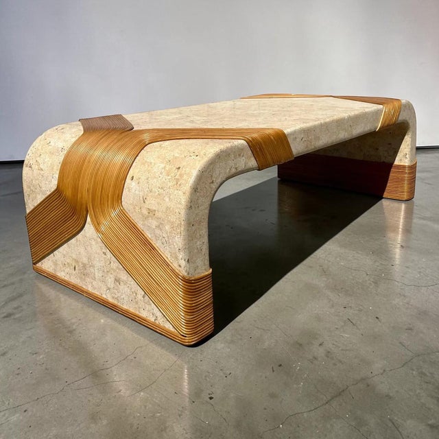 Modern Tessellated Marble & Pencil Bamboo Waterfall Style Coffee Table For Sale In Miami - Image 6 of 7
