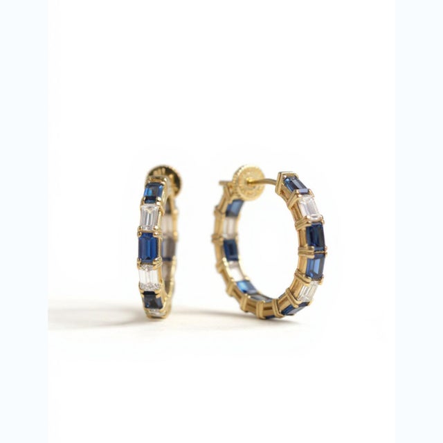 Metal 14k Yellow Gold Inside-Out Hoop Earrings With Baguette Sapphires and Diamonds, A Pair For Sale - Image 7 of 7