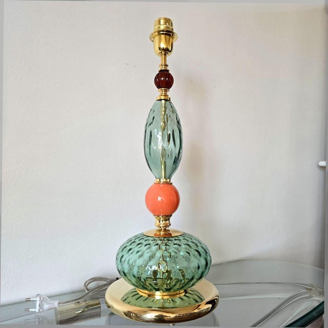 1990s Pair of Green, Mid Century Modern, Murano Glass Table Lamps For Sale - Image 4 of 9