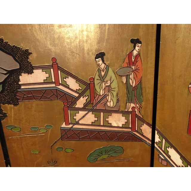 Vintage Oriental Asian Gold Coromandel Four Panel Screen Room Divider W Geishas For Sale - Image 11 of 12