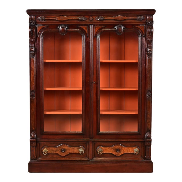 Herter Brothers Style Antique Eastlake Victorian Carved Mahogany and Burl Wood Bookcase Cabinet, Circa 1880s For Sale