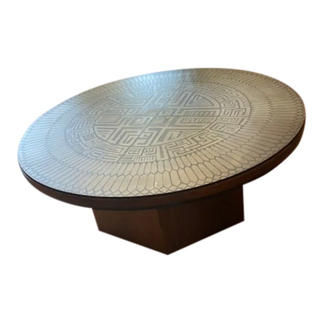 1972 Brutalist-Style Coffee Table; Signed: "G.Urso" on Etched Aztec Design Metal Top; Walnut Base. For Sale