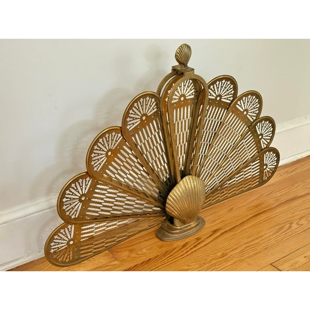 Mid-Century Modern Vintage Brass Peacock Folding Fireplace Screen With Shell Motif For Sale - Image 3 of 12