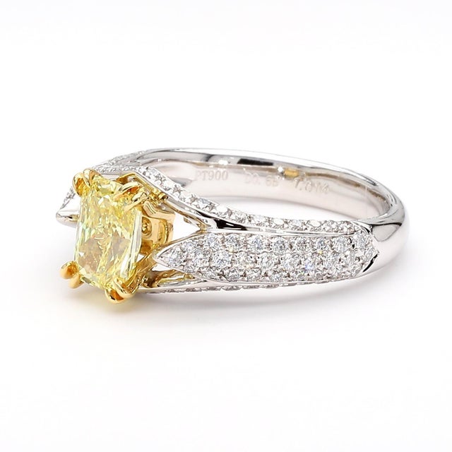 Yellow 1990s Gia Cert. 1.01 Carat Fancy Intense Yellow Radiant Diamond Pave Set Split Ring, Size 6.25 For Sale - Image 8 of 12