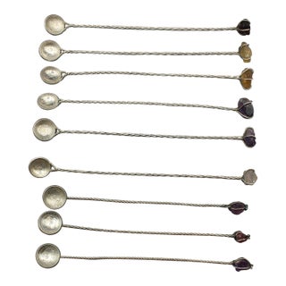 19th Century Collection of Nine Brazilian Silver & Quartz Crystal Iced Tea Spoons or Muddlers - Set of 9 For Sale