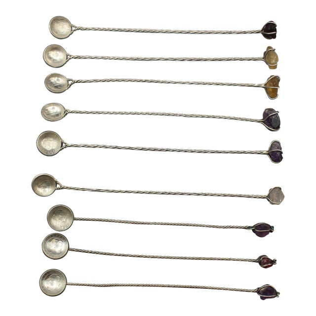 19th Century Collection of Nine Brazilian Silver & Quartz Crystal Iced Tea Spoons or Muddlers - Set of 9 For Sale