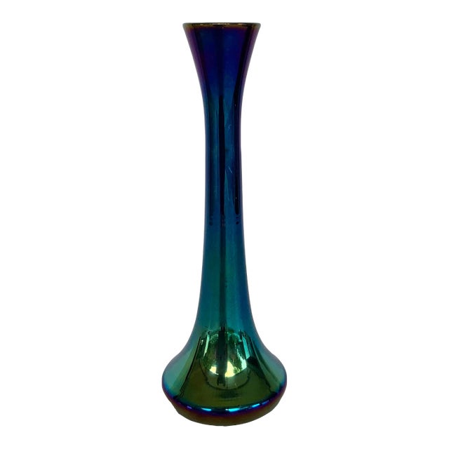 Antique Loetz Tall Blue and Green Iridescent Art Glass Vase For Sale
