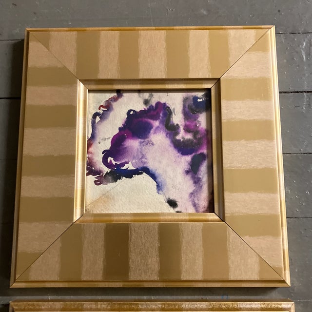 Abstract 1970’s Original Abstract Watercolor Painting Stripped Gold Leaf Frame-A Pair For Sale - Image 3 of 4