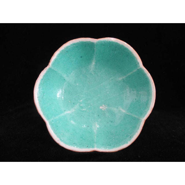 Very sweet vintage Chinese Nyonya porcelain rice bowl with lobed rim. White backdrop showing colorful enamel hand painted...