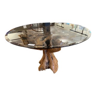 Artisan Made Drift Wood Table With Beveled Glass Top For Sale