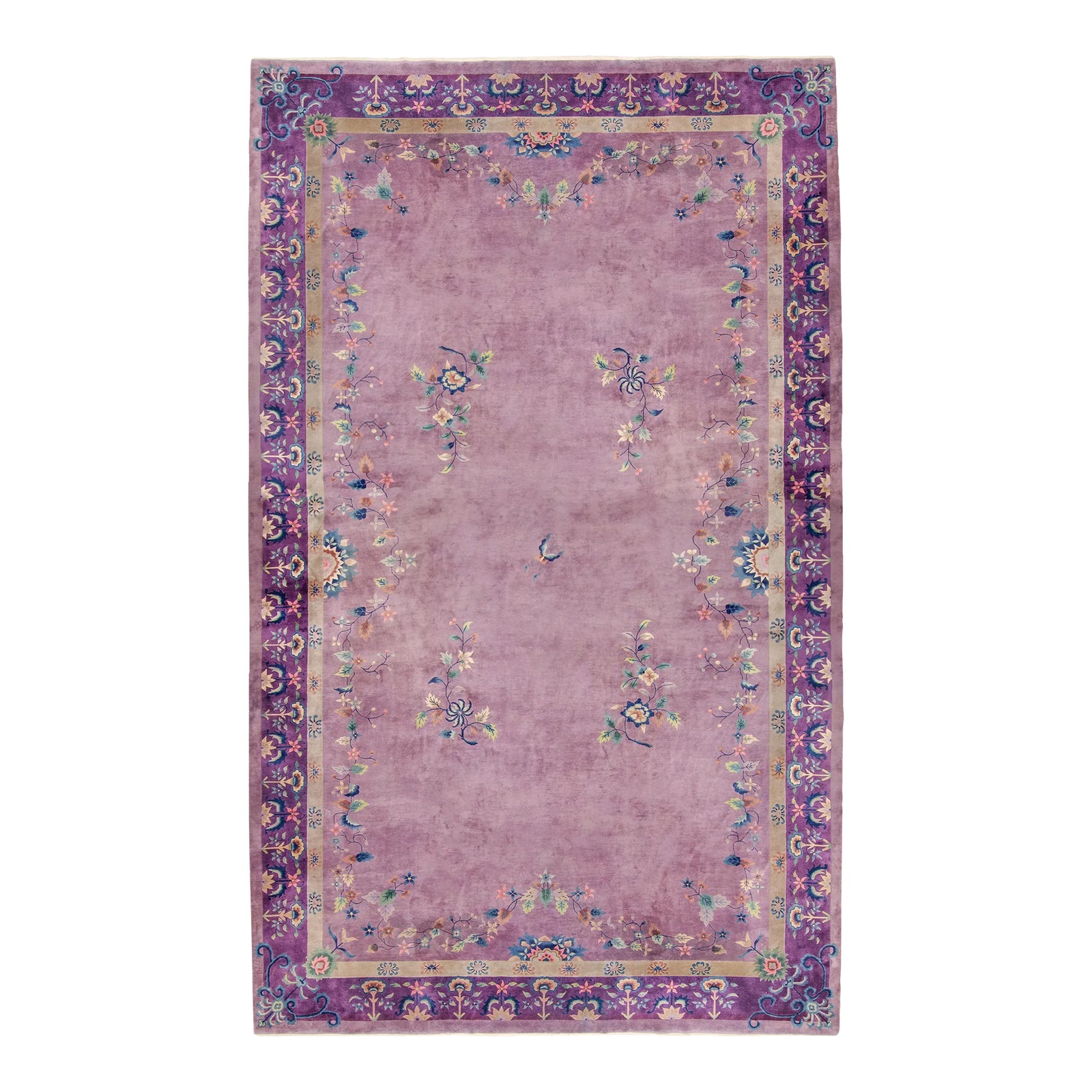 1920s Antique Oversized Chinese Art Deco Lavender Purple Botanical Hand ...