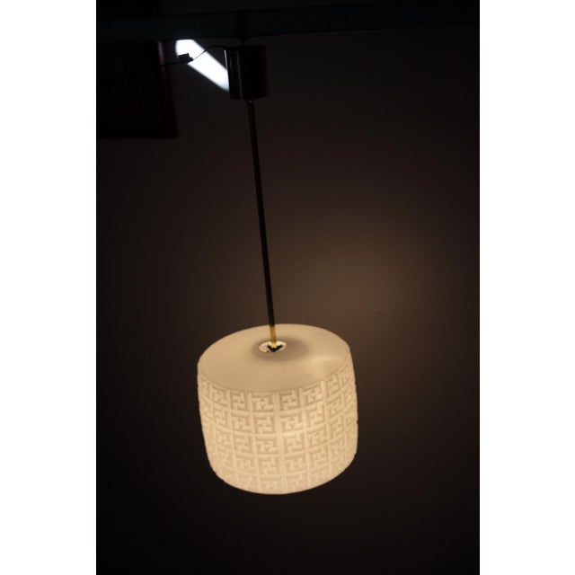 Geometric Opaline and Brass Pendant Light from Osvetlovaci Sklo V.M., Former Czechoslovakia, 1960s For Sale - Image 4 of 18